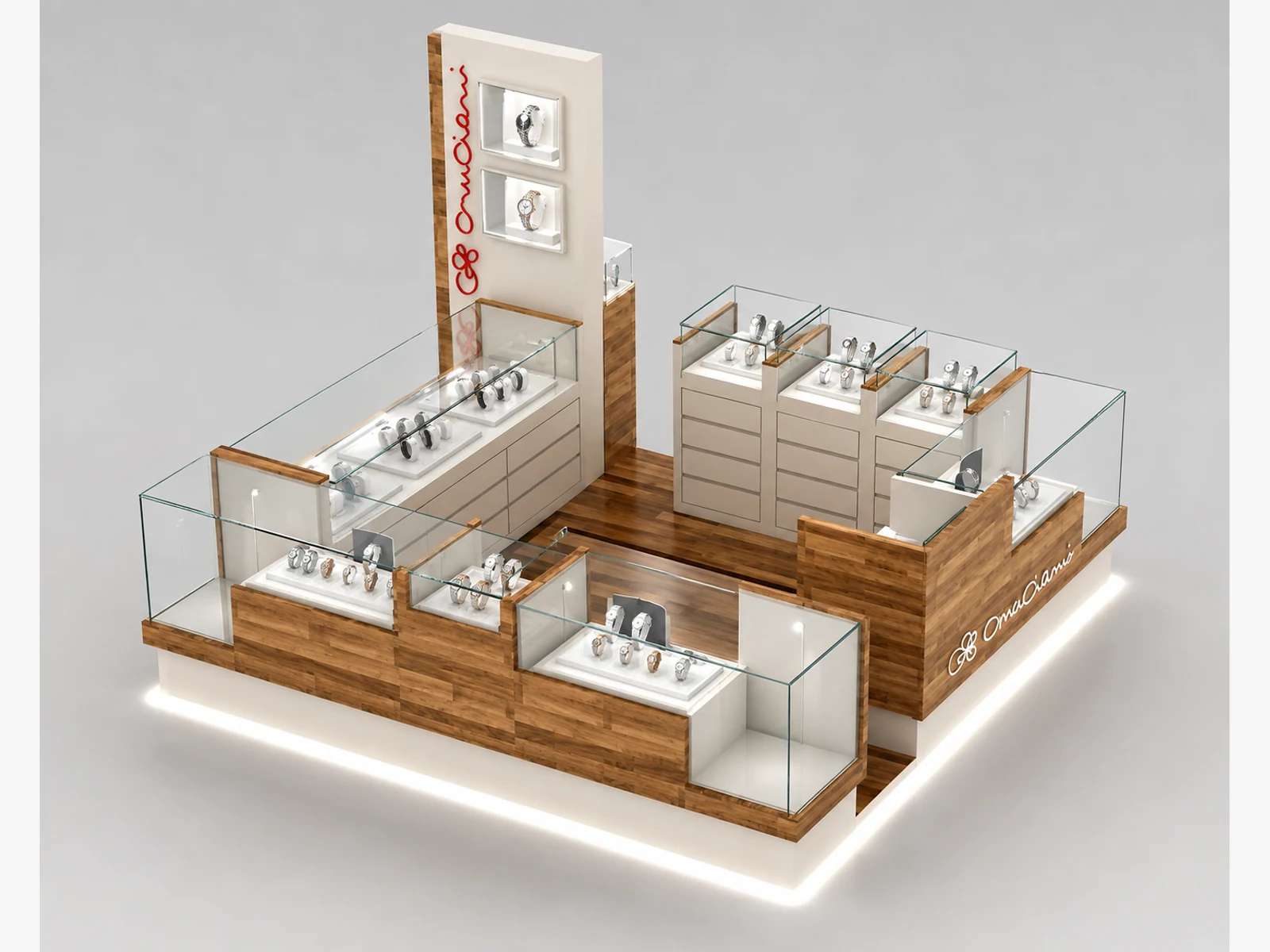Fashion Watches Display Kiosk Creative Mall Watch Display Stand For Sale opposite angle and kiosk depth