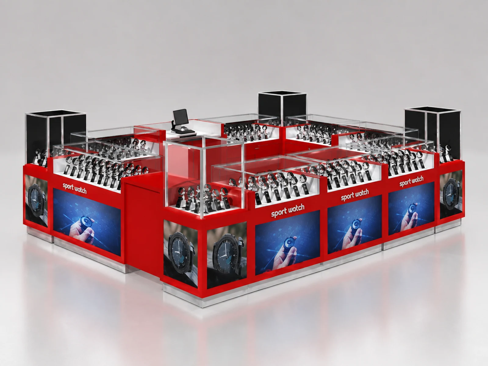 Free custom mall watches kiosk | high-quality men's watch showcase opposite angle and kiosk depth