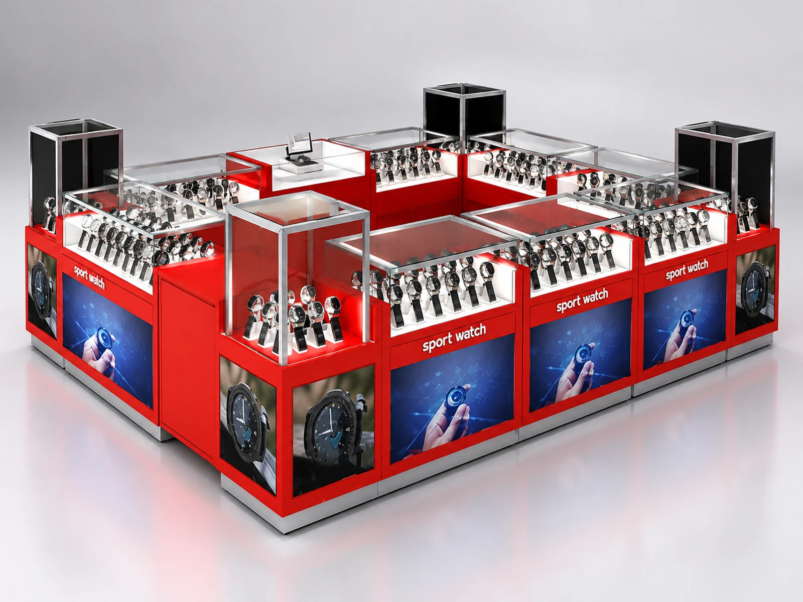 Free custom mall watches kiosk | high-quality men's watch showcase illuminated glass watch showcase detail