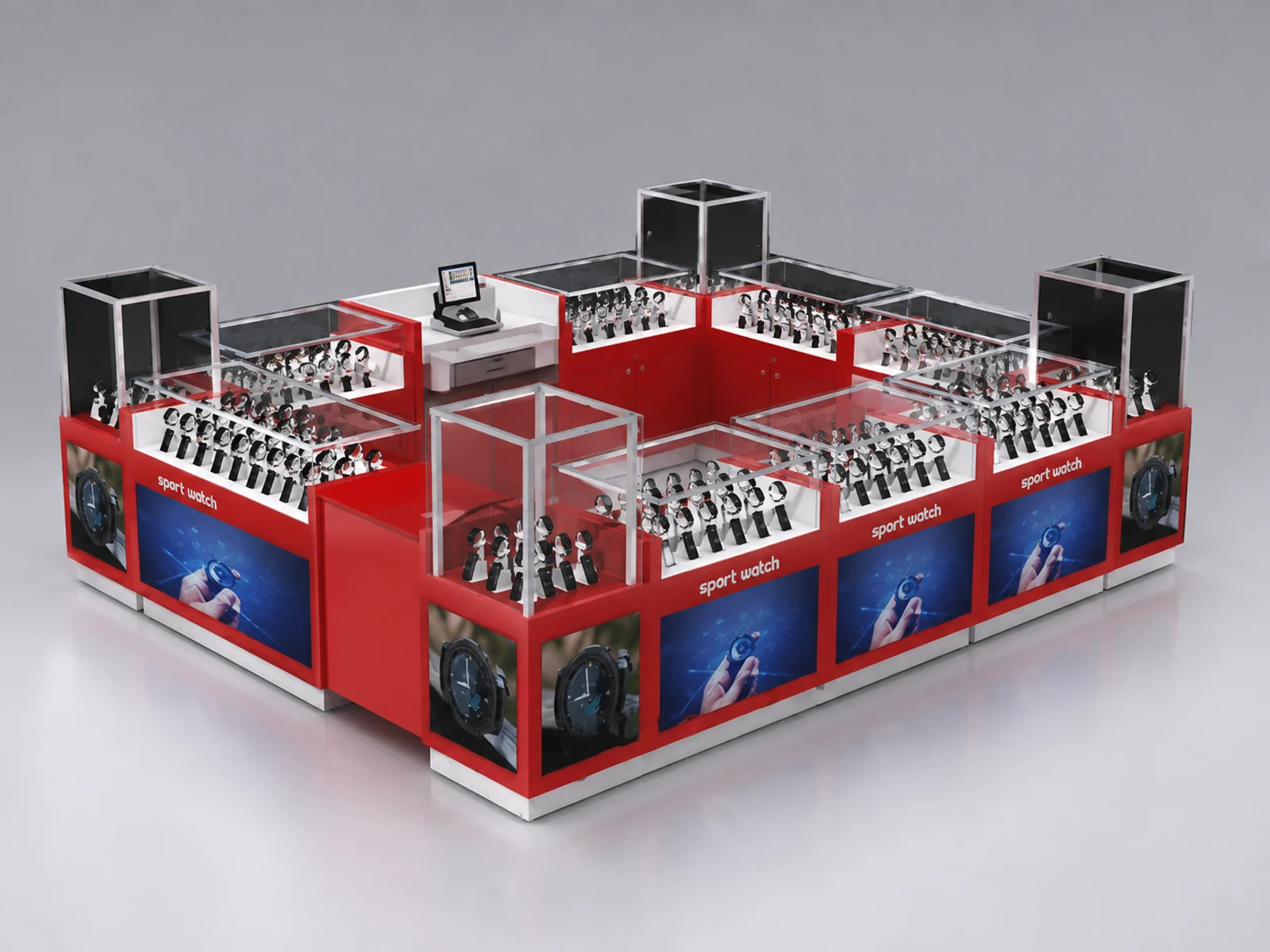 Free custom mall watches kiosk | high-quality men's watch showcase staff-side storage and checkout view