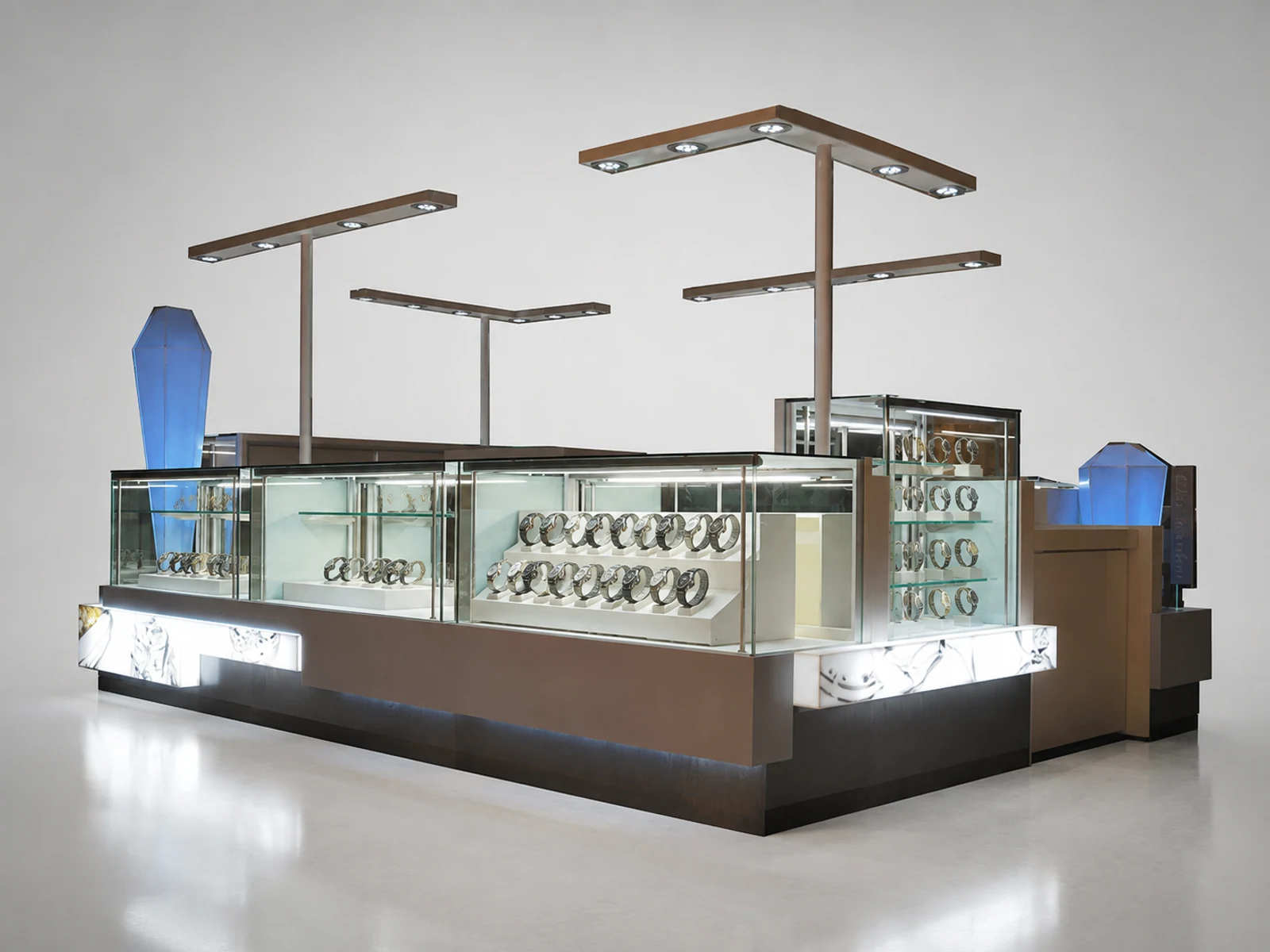 Glass display watches cabinet in the mall | custom retail kiosk for sale main shopping mall view