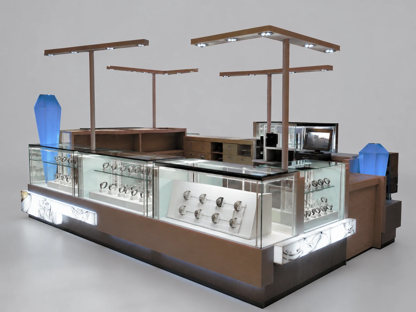 Glass display watches cabinet in the mall | custom retail kiosk for sale opposite angle and kiosk depth