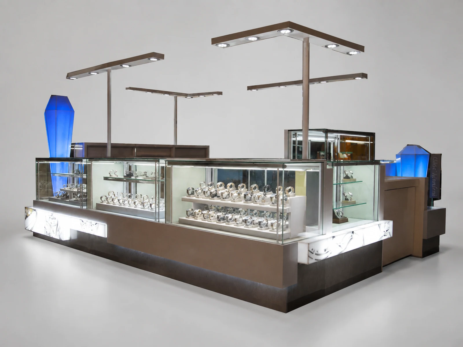 Glass display watches cabinet in the mall | custom retail kiosk for sale illuminated glass watch showcase detail