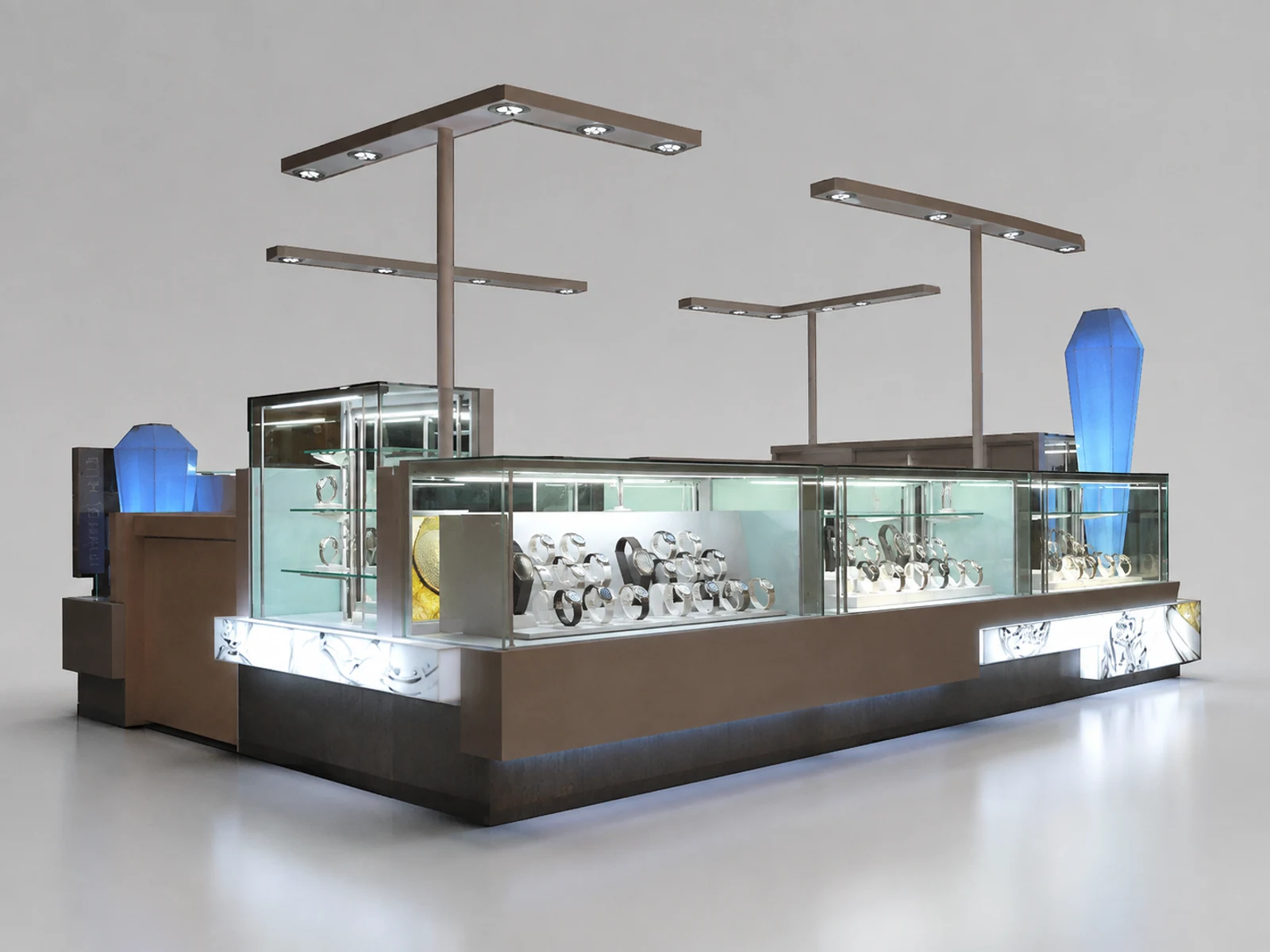 Glass display watches cabinet in the mall | custom retail kiosk for sale staff-side storage and checkout view