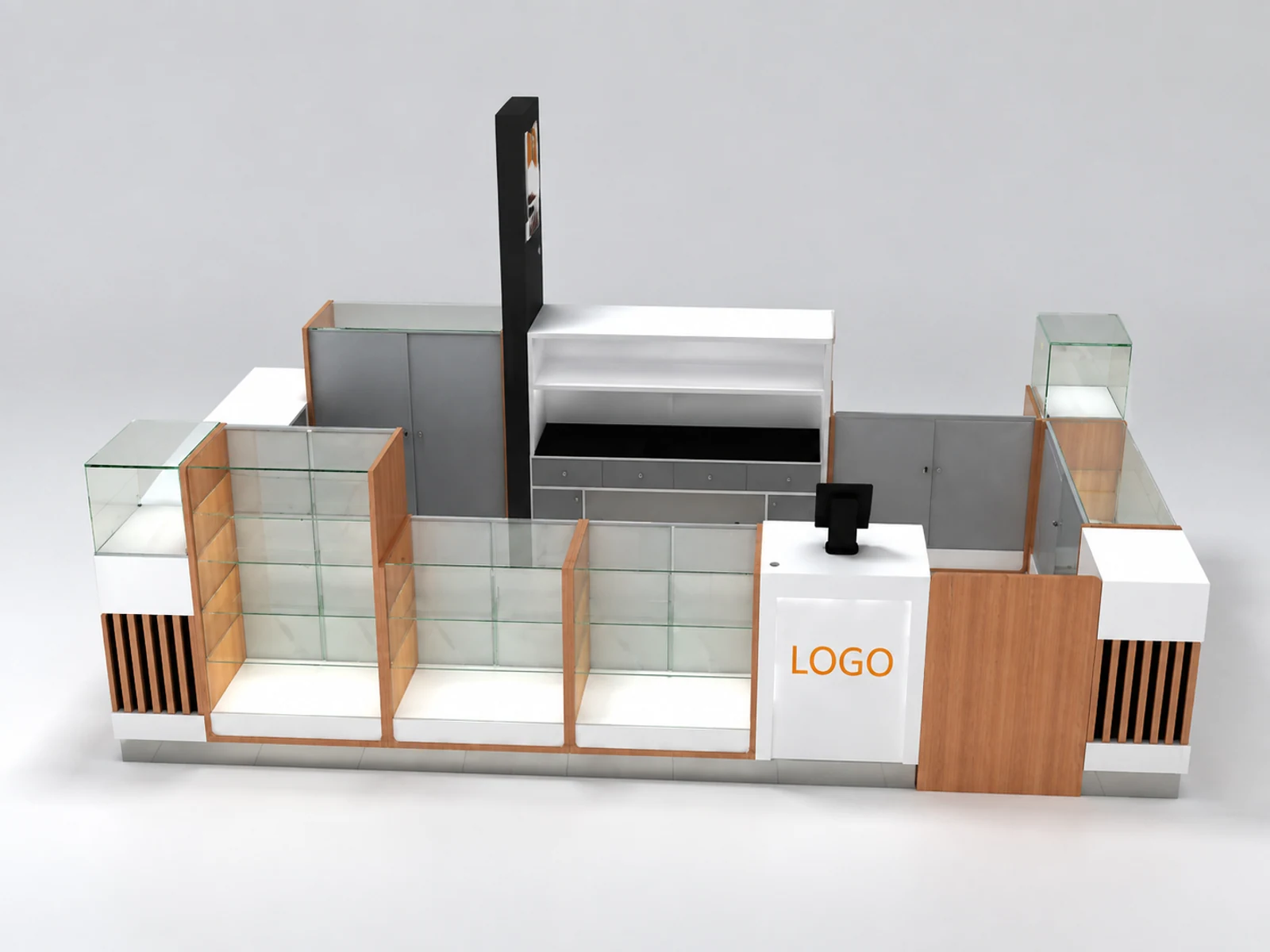 Glass showcase for watch display | watch repair counter in the mall kiosk main shopping mall view
