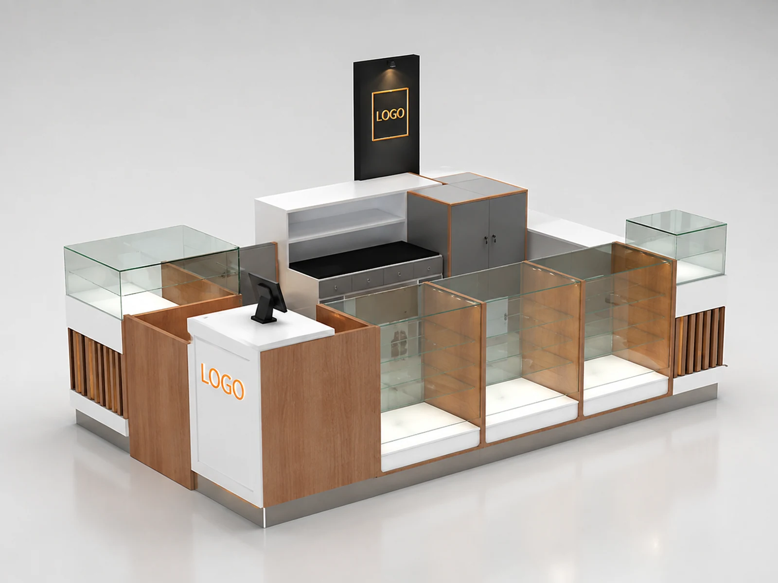 Glass showcase for watch display | watch repair counter in the mall kiosk opposite angle and kiosk depth