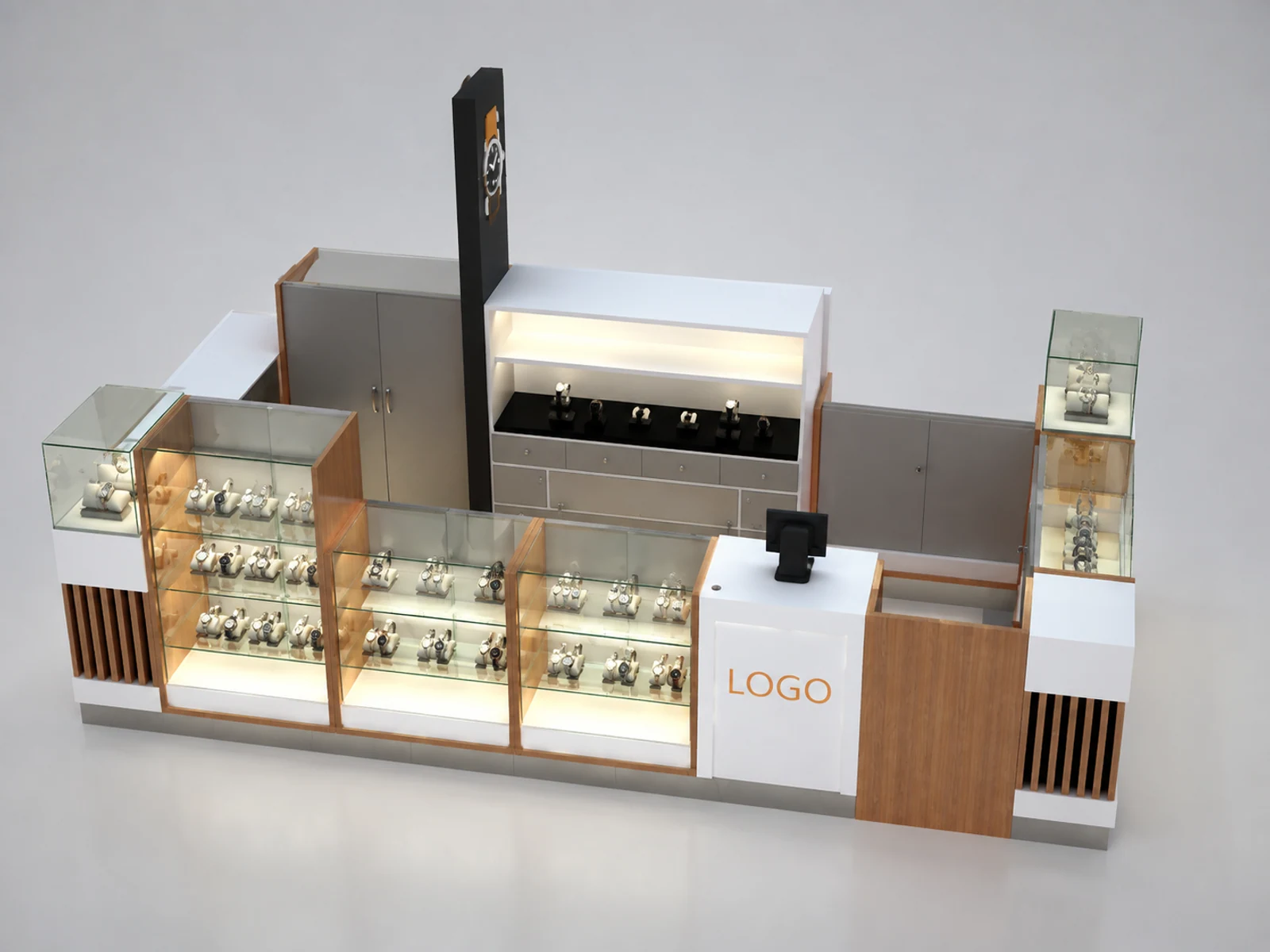 Glass showcase for watch display | watch repair counter in the mall kiosk staff-side storage and checkout view