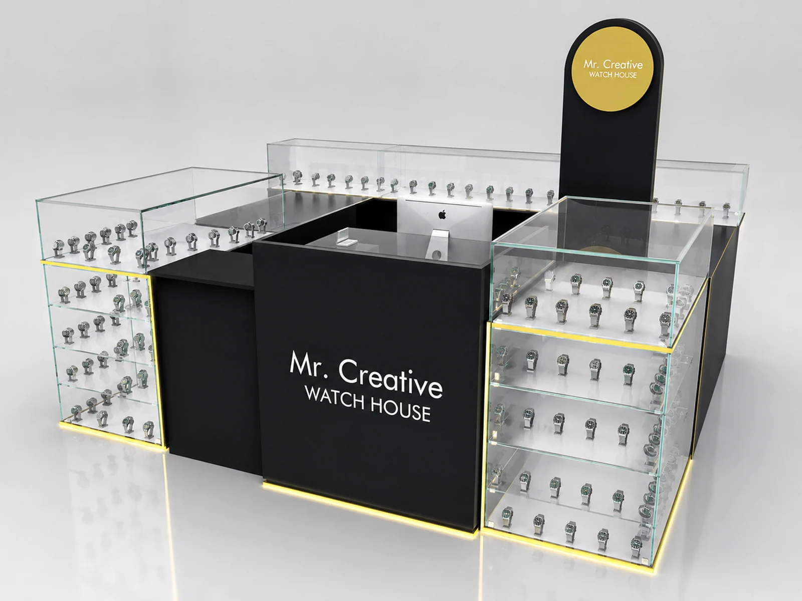Glass Watch Display Mall Watch Kiosk Stylish 3D Watch Vendor Counter opposite angle and kiosk depth