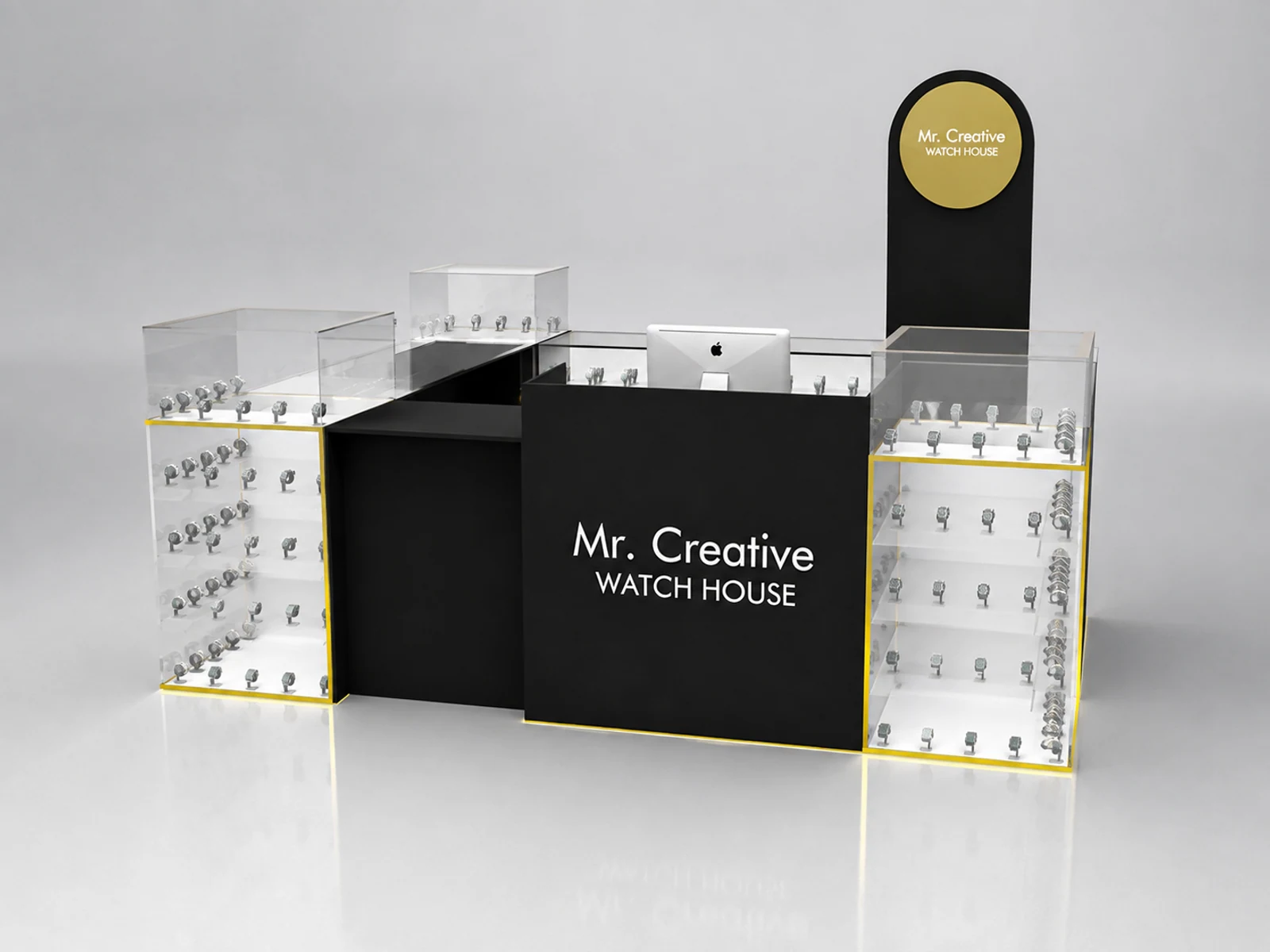 Glass Watch Display Mall Watch Kiosk Stylish 3D Watch Vendor Counter illuminated glass watch showcase detail