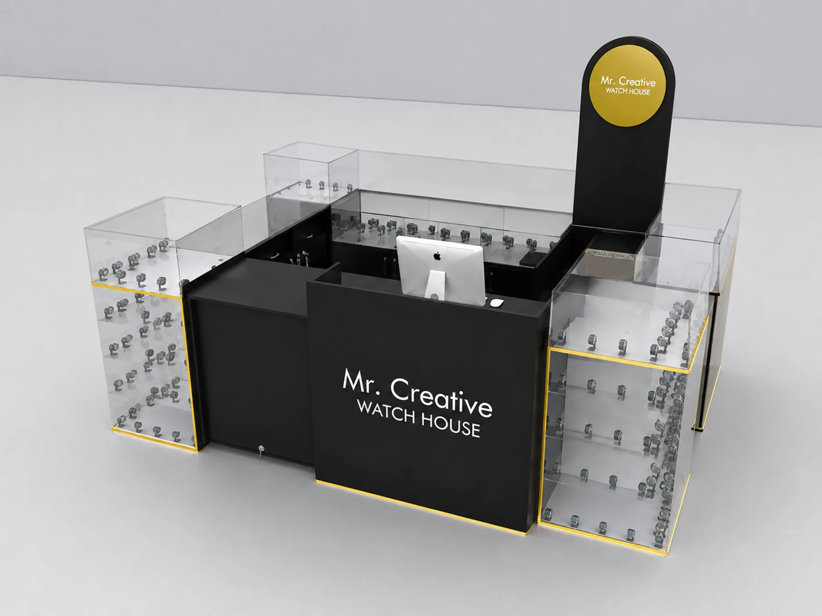 Glass Watch Display Mall Watch Kiosk Stylish 3D Watch Vendor Counter staff-side storage and checkout view