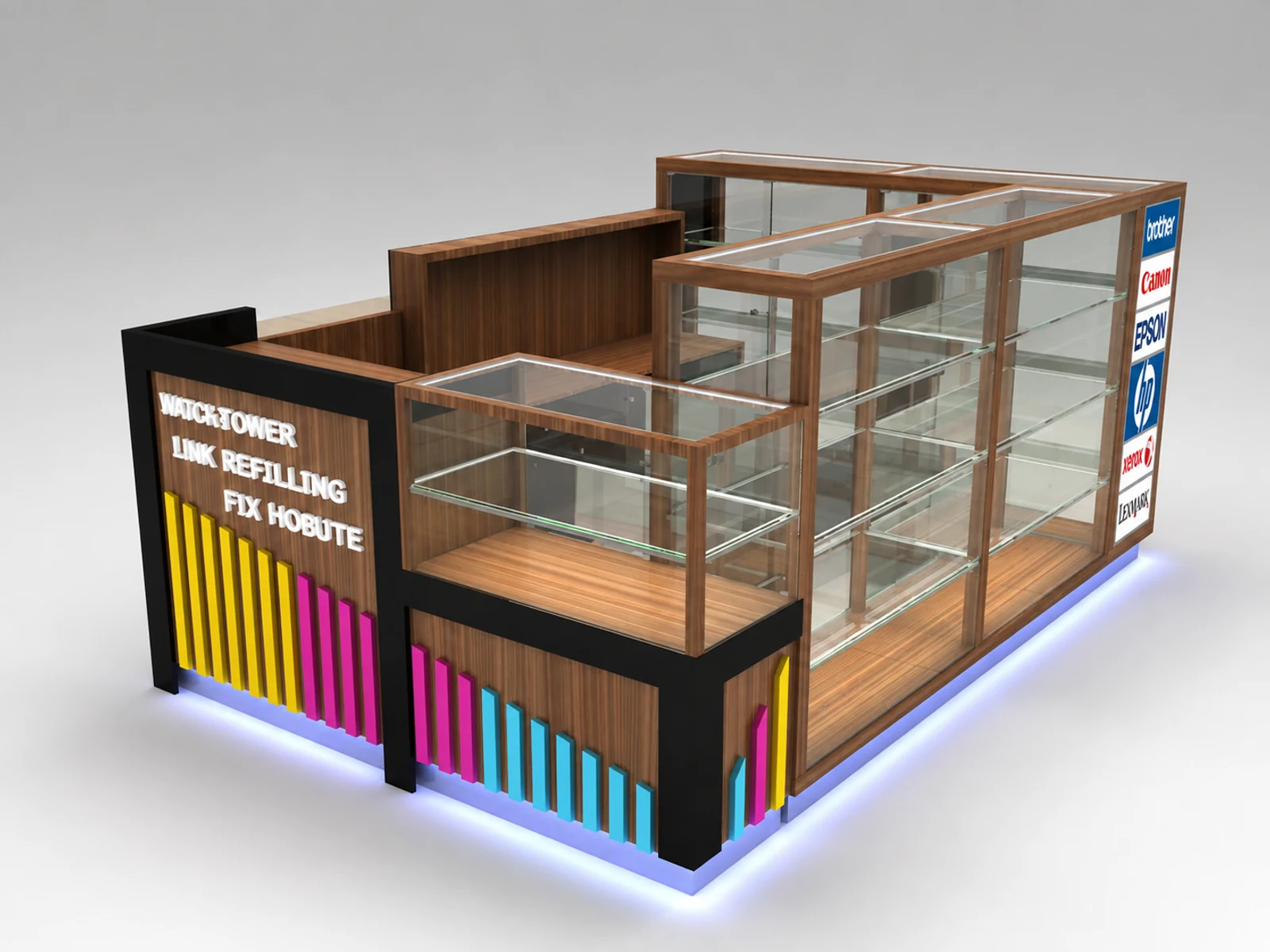 High-end solid wood watch display kiosk in mall main shopping mall view