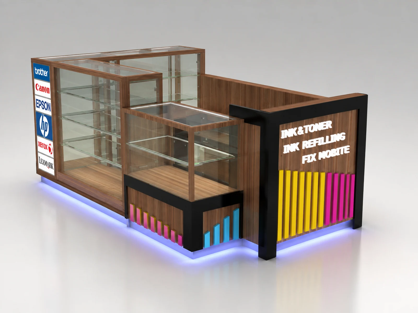 Black watch kiosk with illuminated tempered glass showcases and secure cabinets