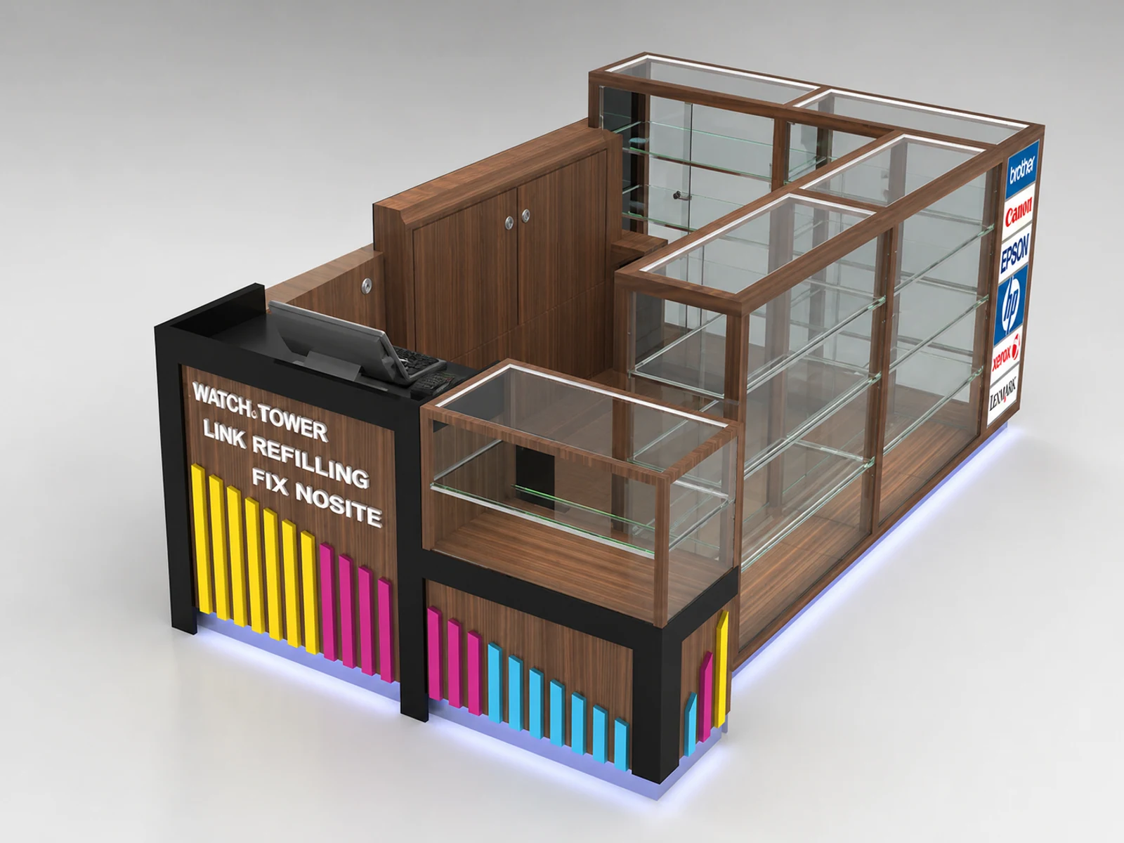 High-end solid wood watch display kiosk in mall illuminated glass watch showcase detail