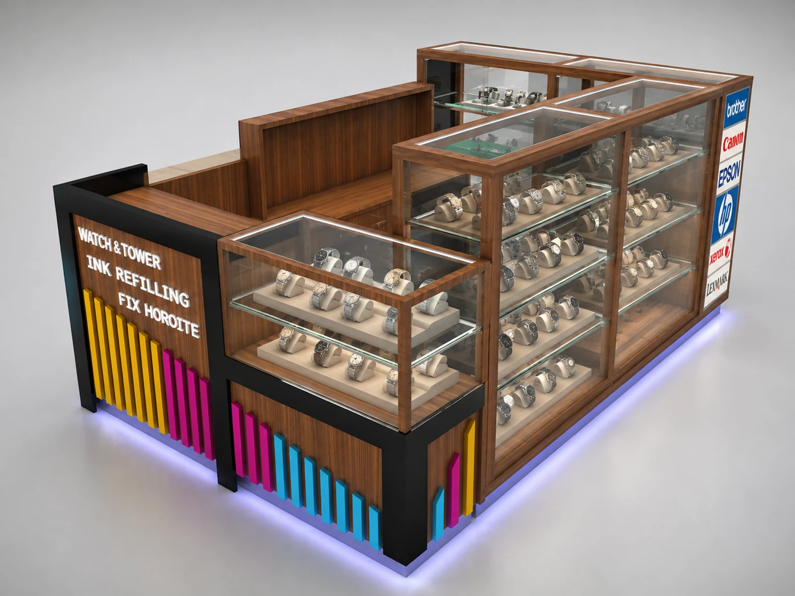 High-end solid wood watch display kiosk in mall staff-side storage and checkout view