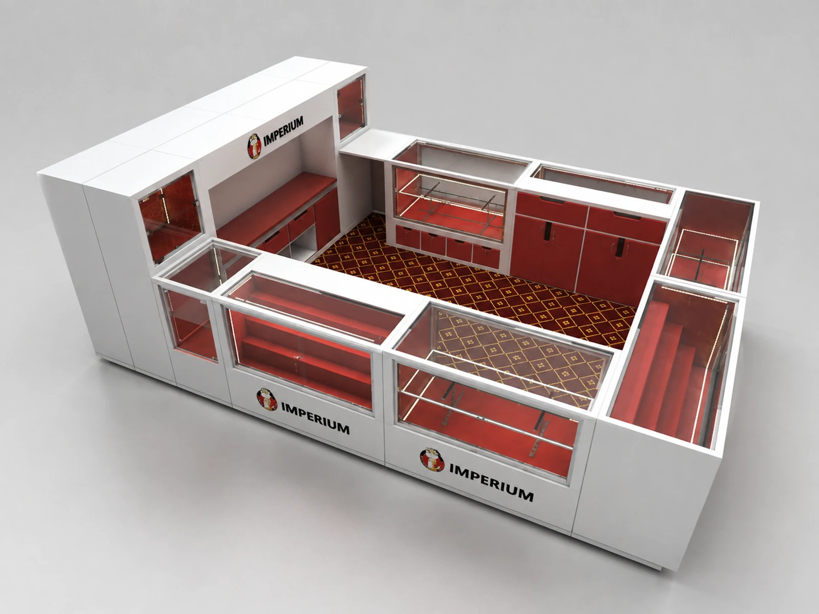 High-end watch display kiosk for jewelry kiosk staff-side storage and checkout view
