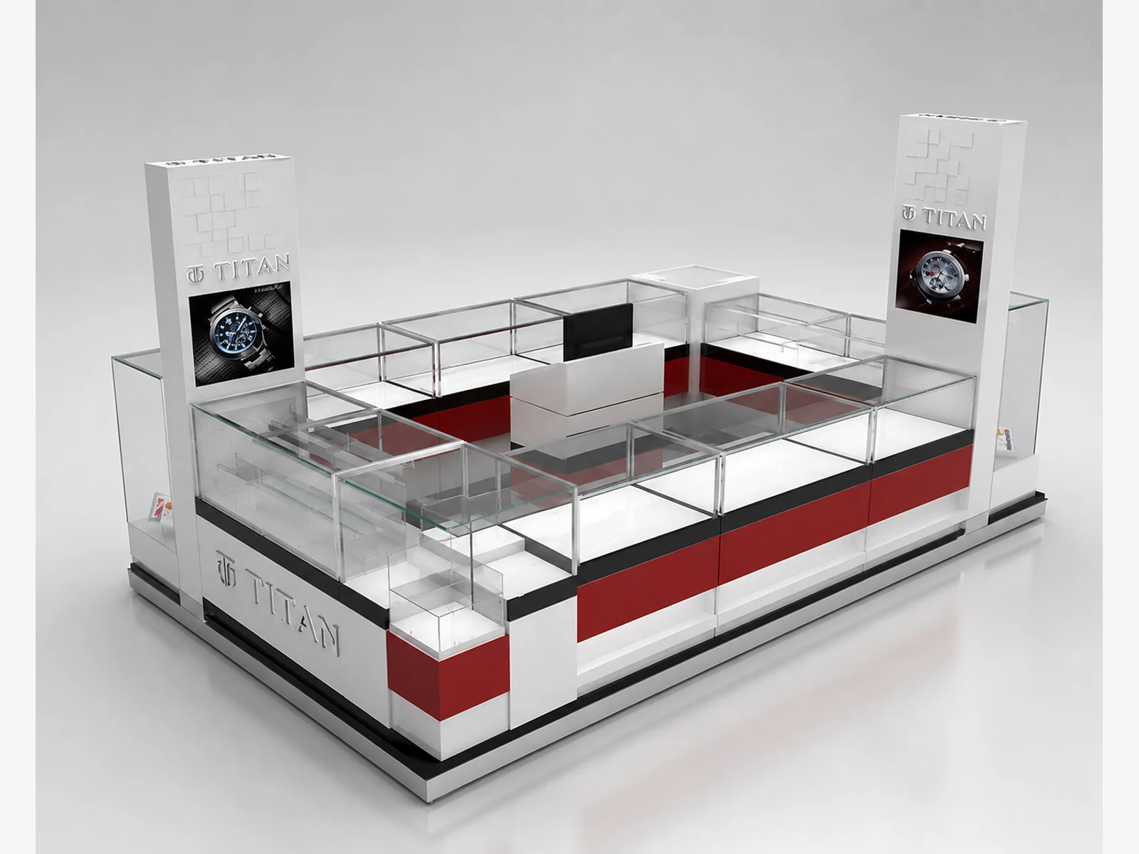 High-end watch display kiosk used in mall watch display booth with showcase for sale opposite angle and kiosk depth