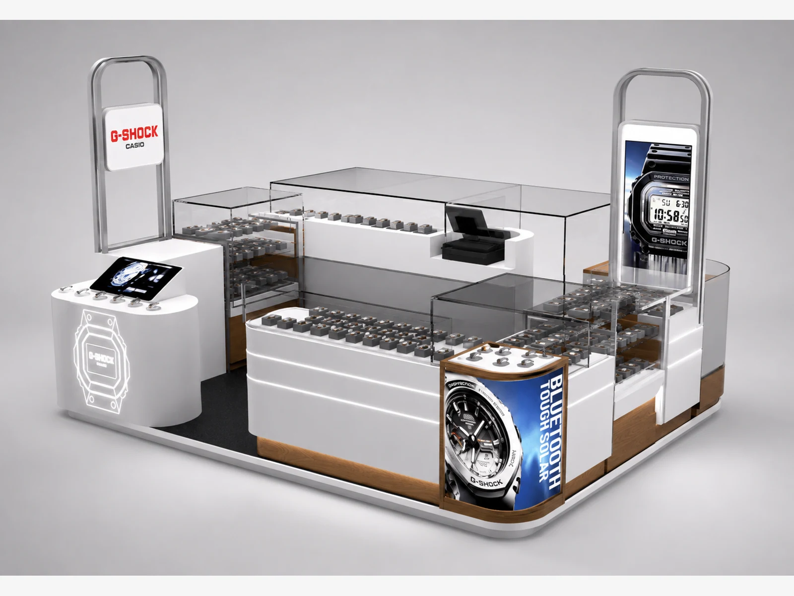 High-end watch kiosk Casio brand watch repair retail shop booth wood and white jewelry showcase for sale main shopping mall view