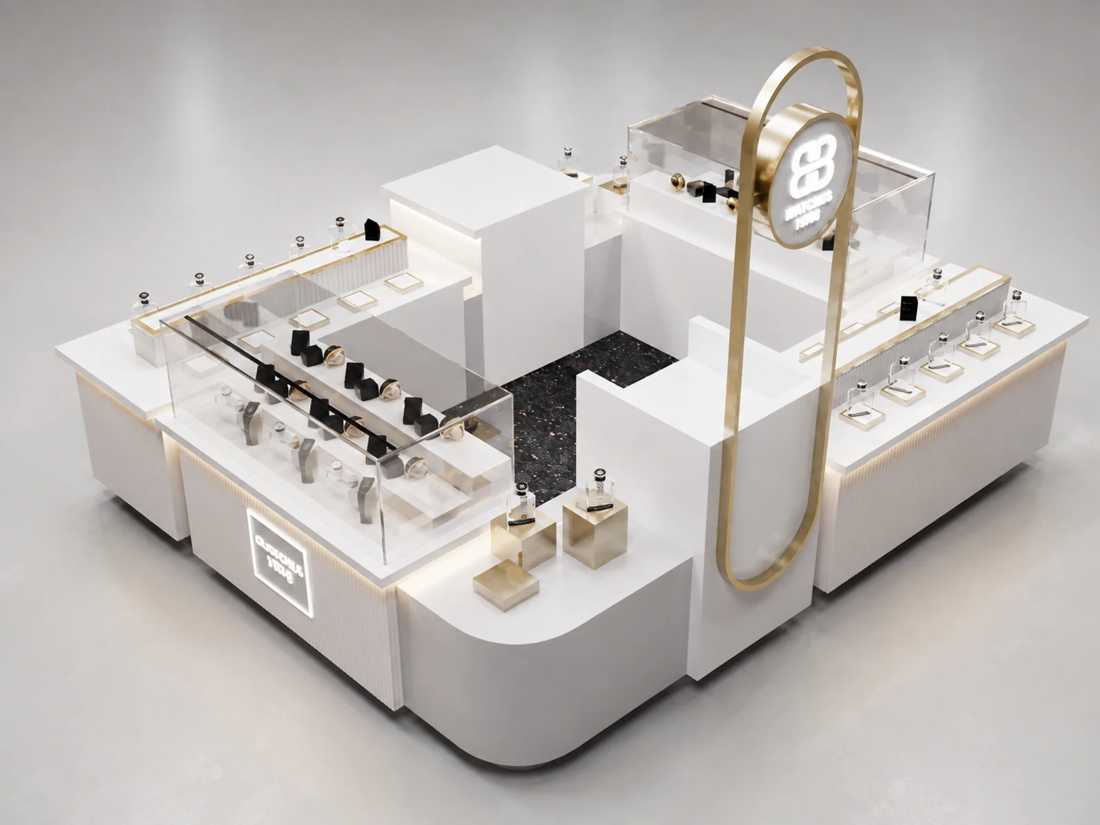 High-end Watch Kiosk Design Stylish Watch Booth for Shopping Mall on Sale opposite angle and kiosk depth