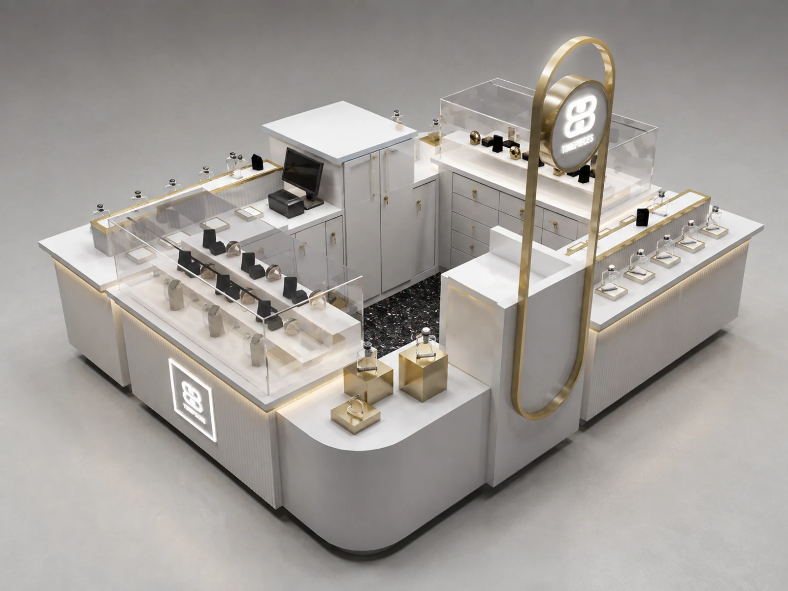 High-end Watch Kiosk Design Stylish Watch Booth for Shopping Mall on Sale staff-side storage and checkout view