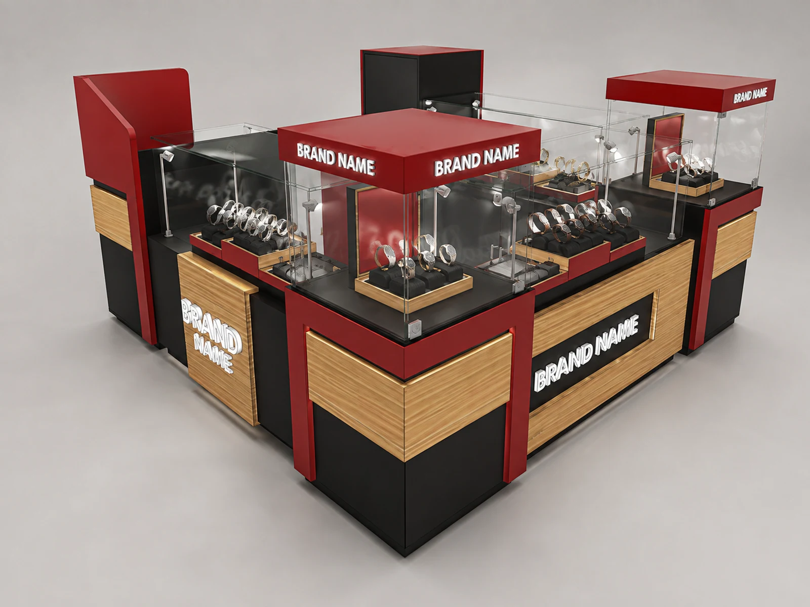High End Watch Kiosk Retail Fashion Watch Counter For Sale opposite angle and kiosk depth