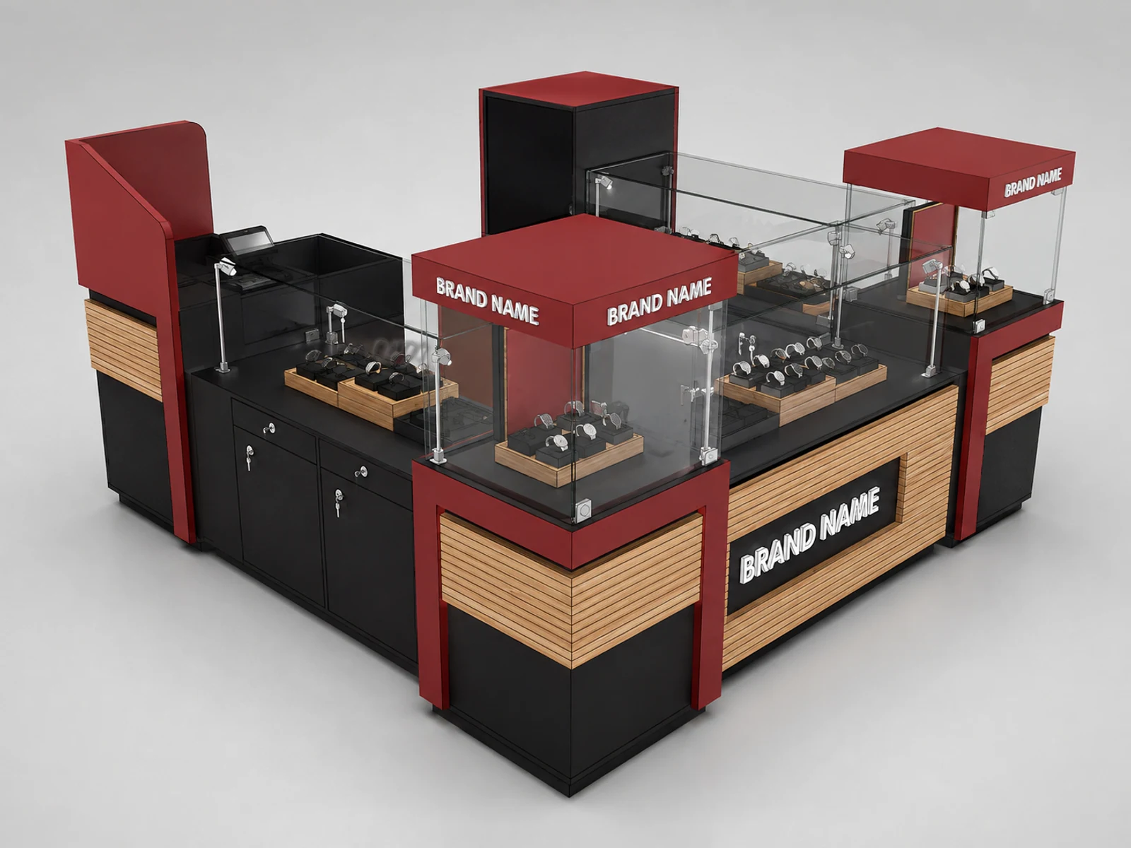 High End Watch Kiosk Retail Fashion Watch Counter For Sale illuminated glass watch showcase detail