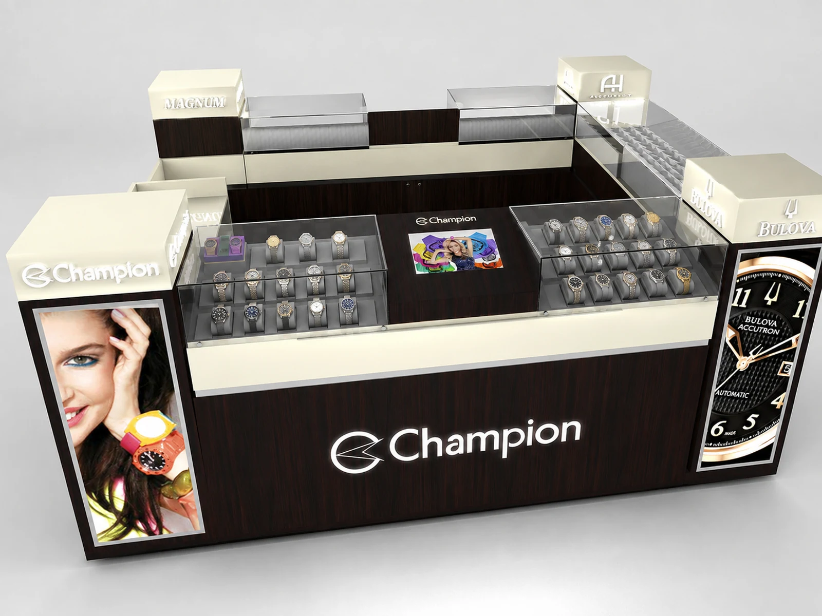 High-End Watch Kiosk Shopping Mall Custom Watch Counter opposite angle and kiosk depth
