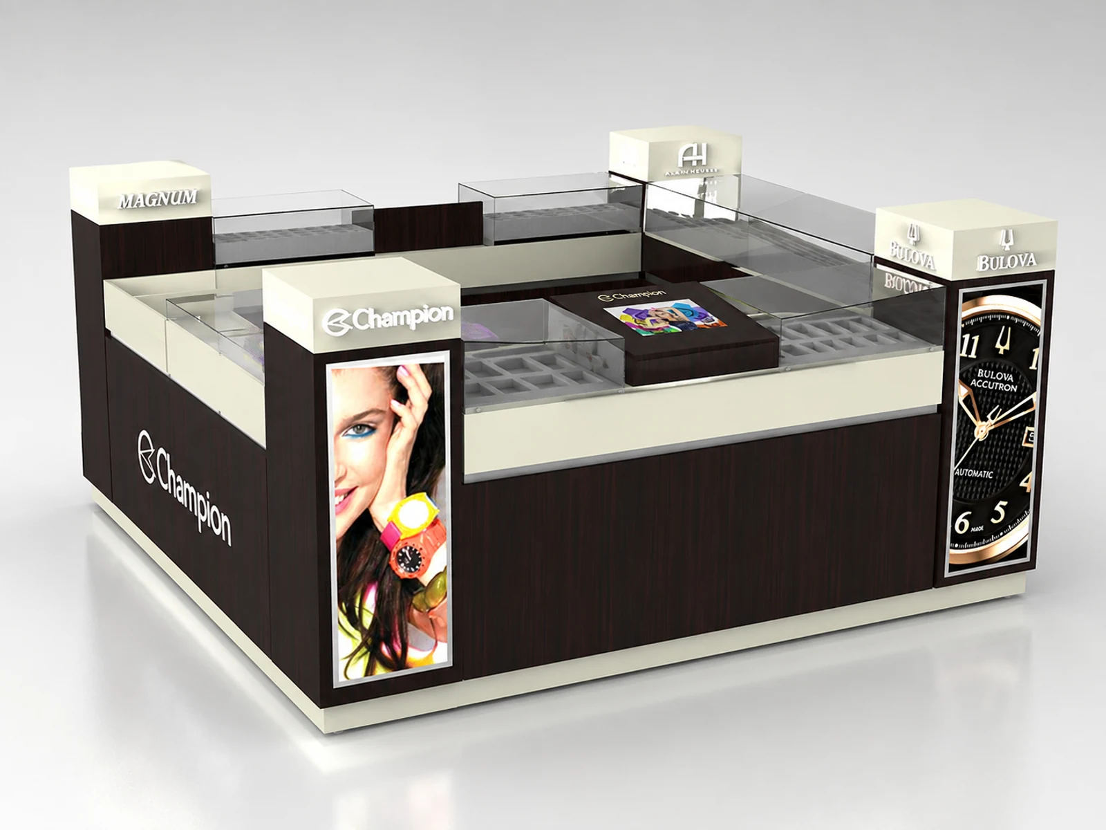High-End Watch Kiosk Shopping Mall Custom Watch Counter illuminated glass watch showcase detail