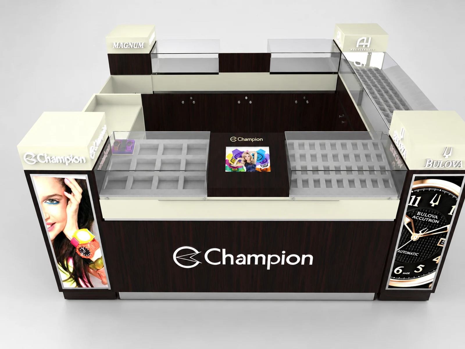 High-End Watch Kiosk Shopping Mall Custom Watch Counter staff-side storage and checkout view