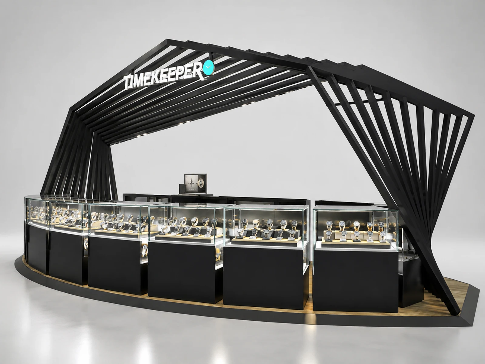 High-end Watch Kiosk Watch Display Counter with Professional 3D Design opposite angle and kiosk depth