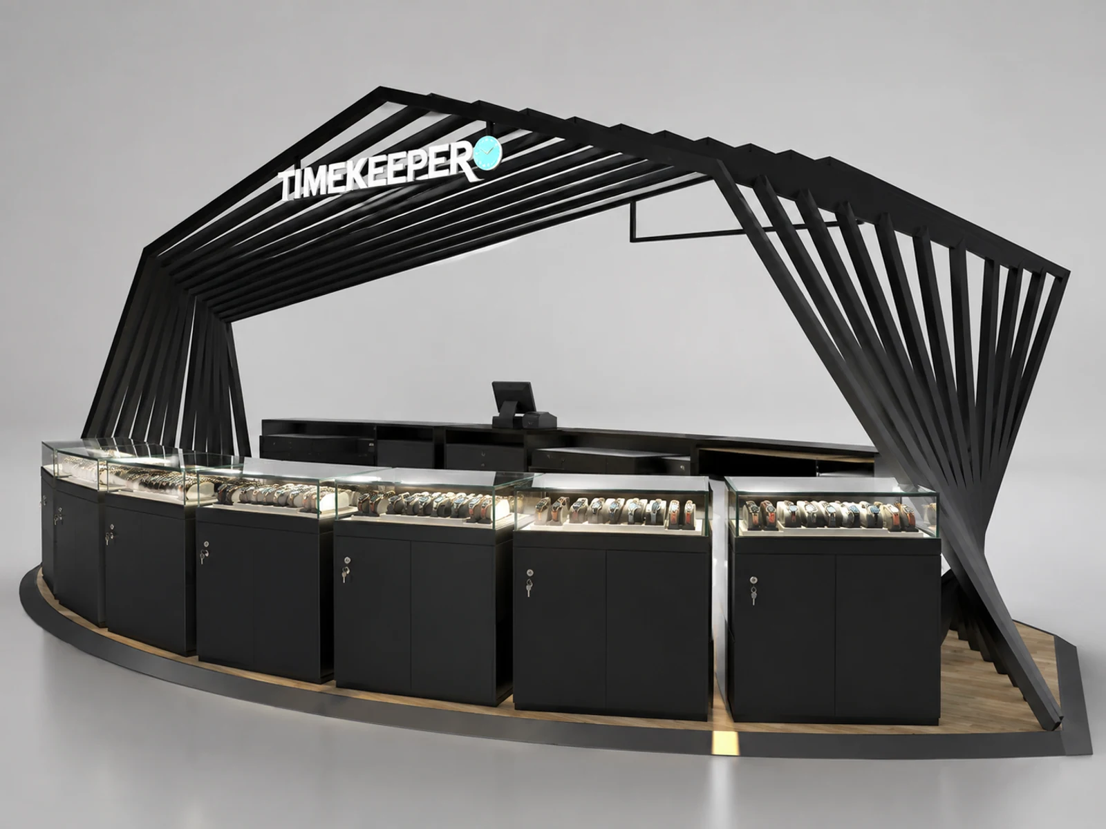 High-end Watch Kiosk Watch Display Counter with Professional 3D Design staff-side storage and checkout view