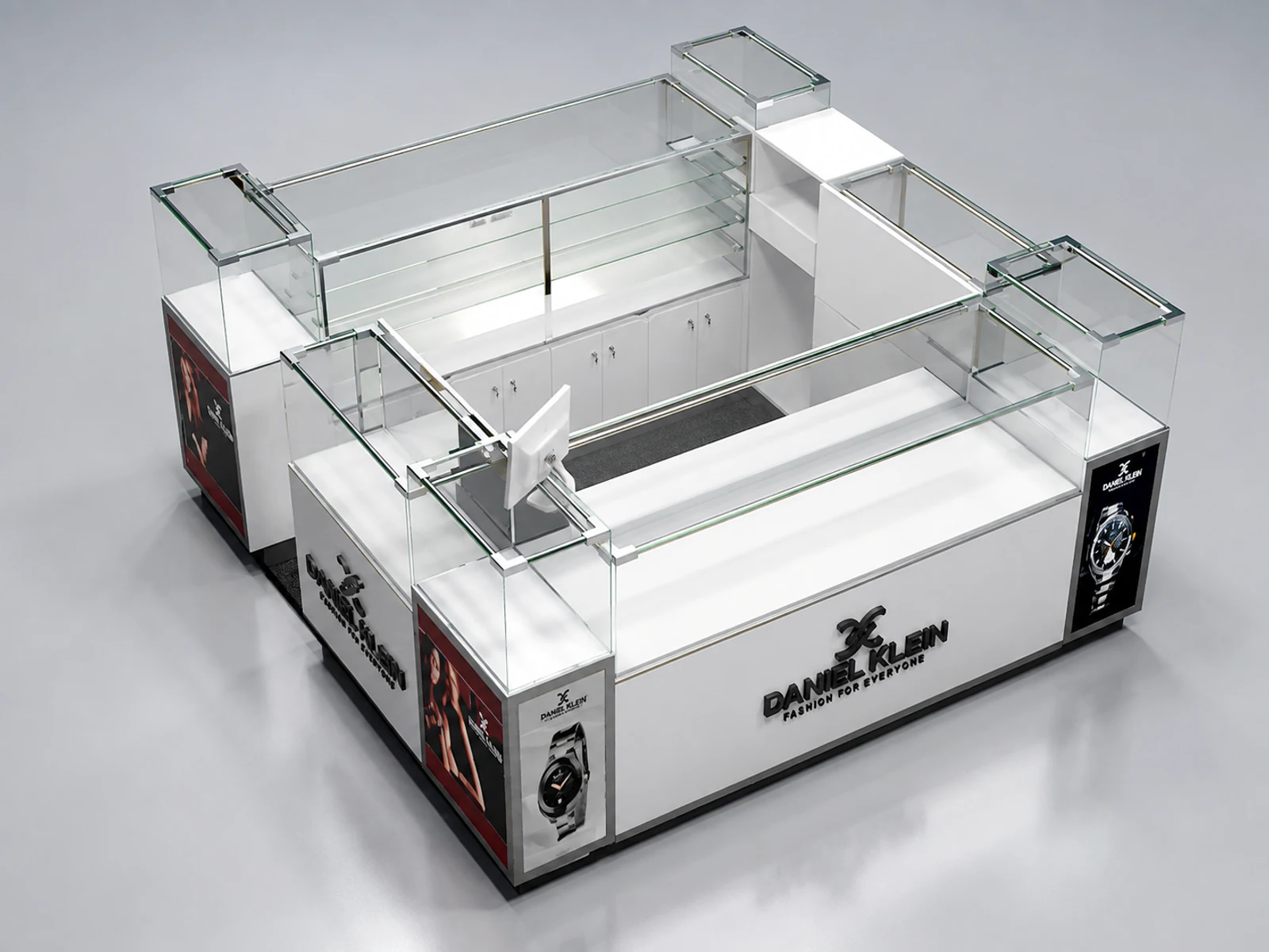 High Quality Watch Kiosk Design Customized Watch Booth for Shopping Mall on Sale illuminated glass watch showcase detail