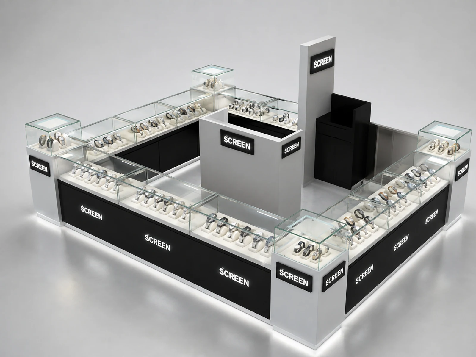Watch retail booth in mall w/ free custom watches showcase & retail counters main shopping mall view