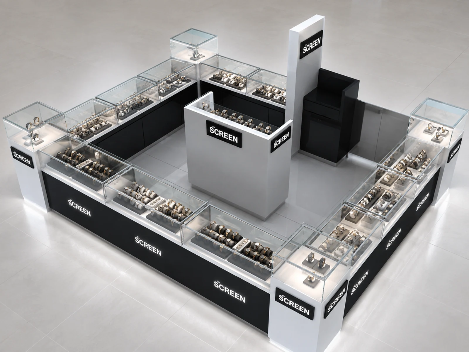 Watch retail booth in mall w/ free custom watches showcase & retail counters opposite angle and kiosk depth
