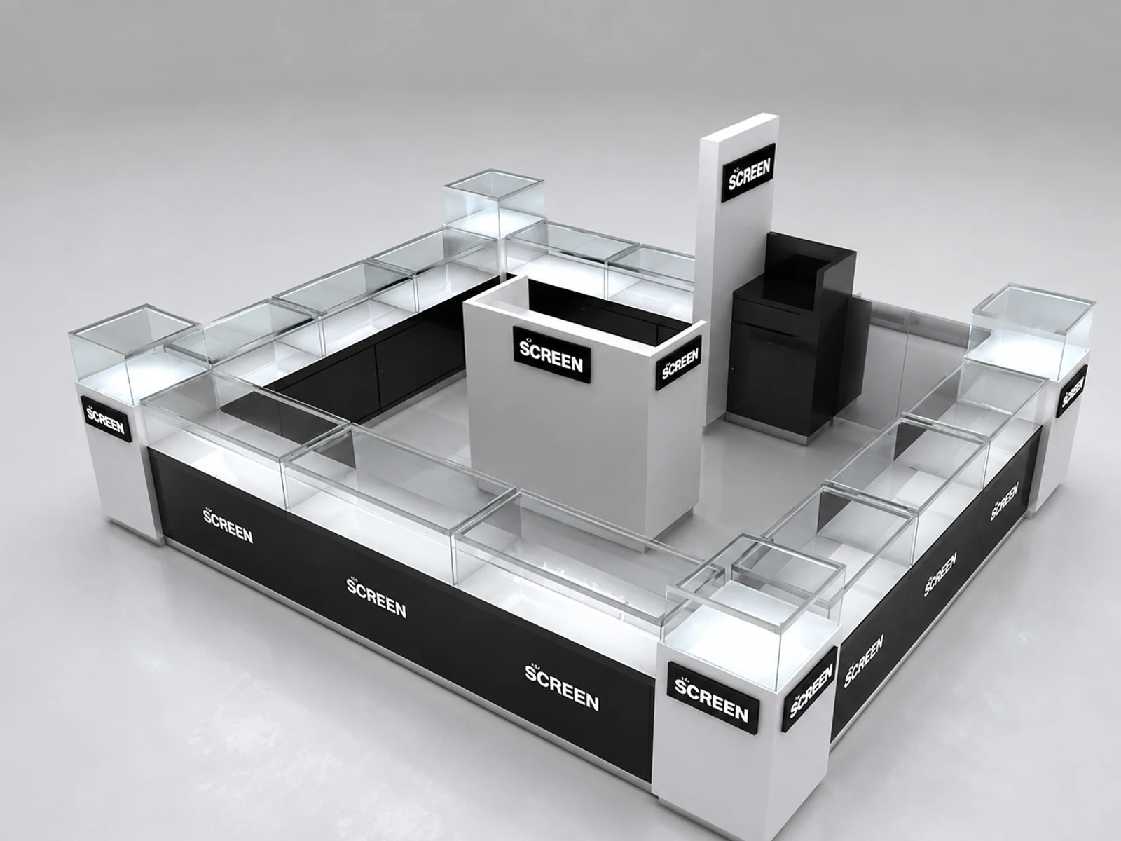 Watch retail booth in mall w/ free custom watches showcase & retail counters illuminated glass watch showcase detail
