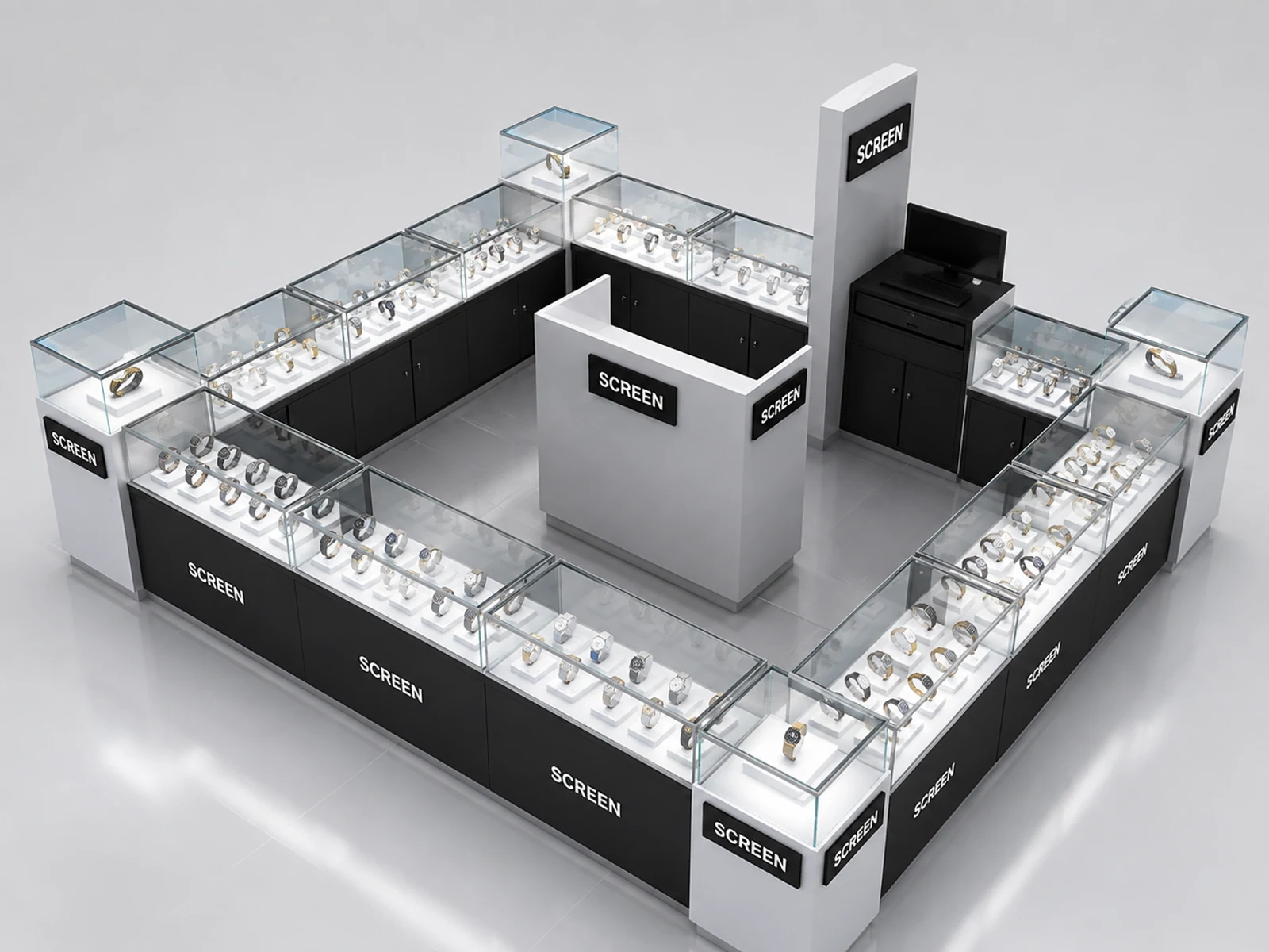 Watch retail booth in mall w/ free custom watches showcase & retail counters staff-side storage and checkout view