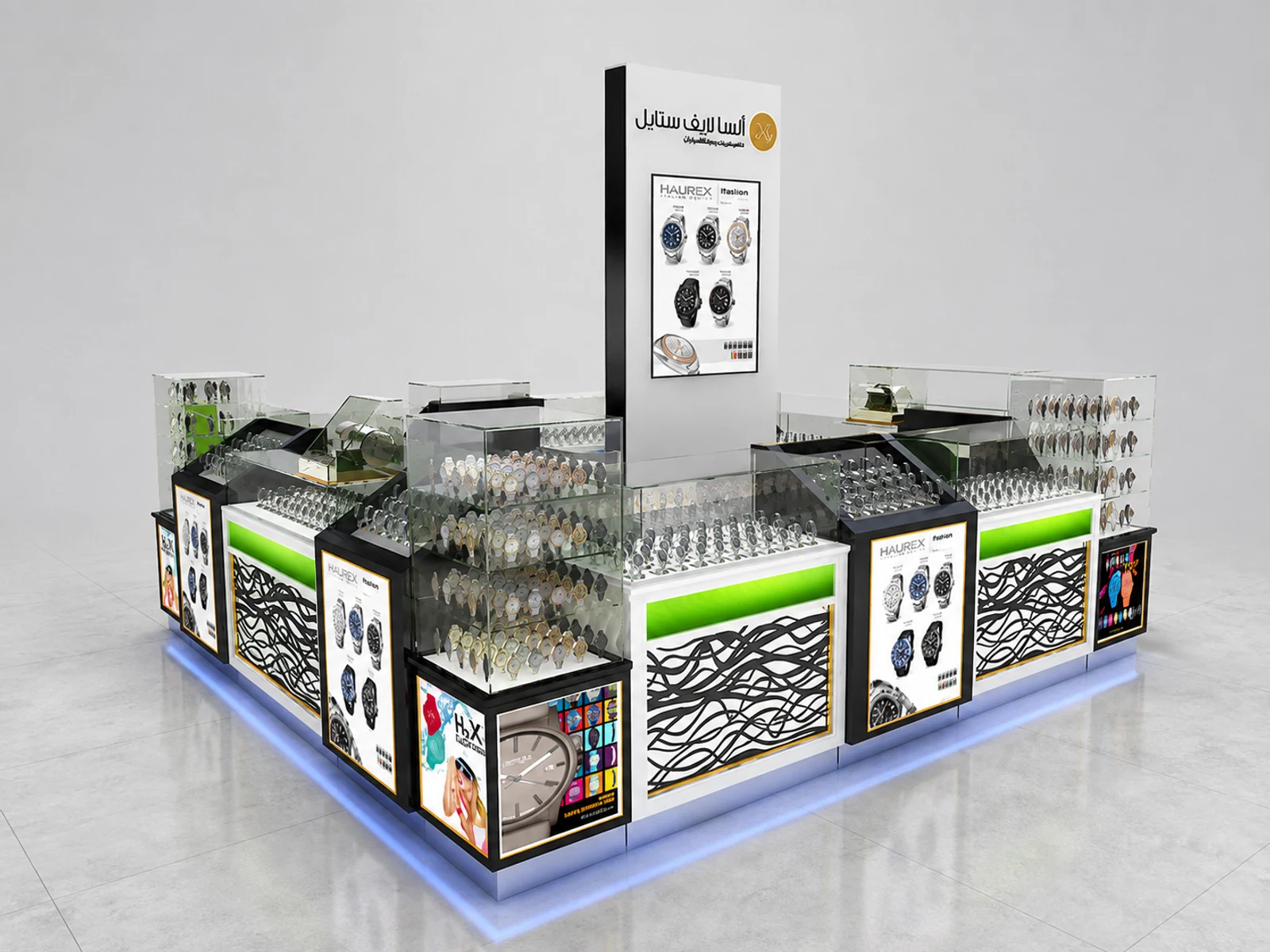 Hot Selling Watch Kiosk Glass Showcase 3D Design in Retail Store for Sale main shopping mall view