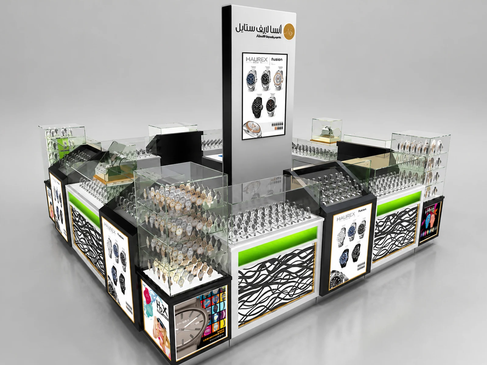 Hot Selling Watch Kiosk Glass Showcase 3D Design in Retail Store for Sale opposite angle and kiosk depth