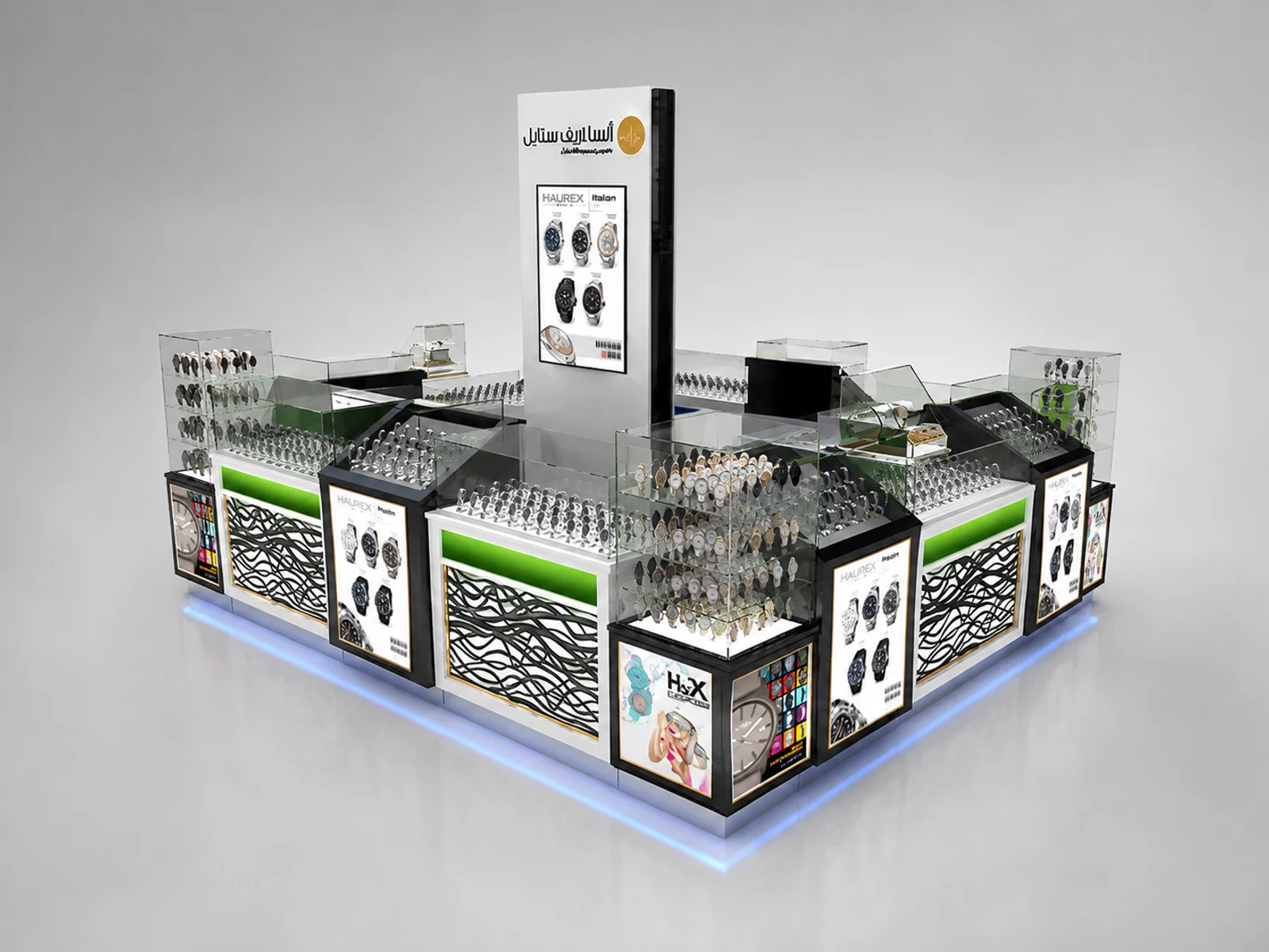 Hot Selling Watch Kiosk Glass Showcase 3D Design in Retail Store for Sale illuminated glass watch showcase detail