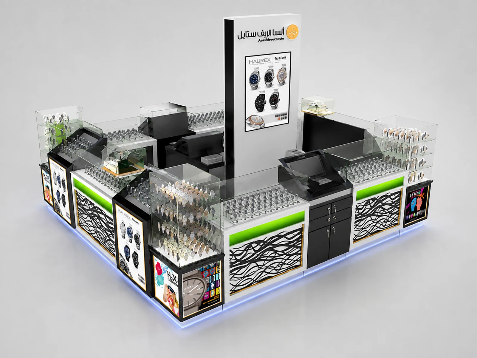 Hot Selling Watch Kiosk Glass Showcase 3D Design in Retail Store for Sale staff-side storage and checkout view