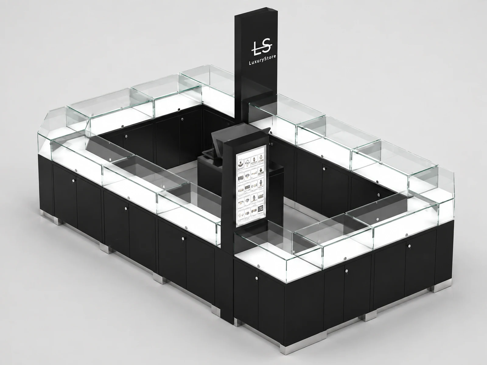 Hot Selling Watch Kiosk & Watch Display Showcase for Glass Showcase in Retail Store illuminated glass watch showcase detail