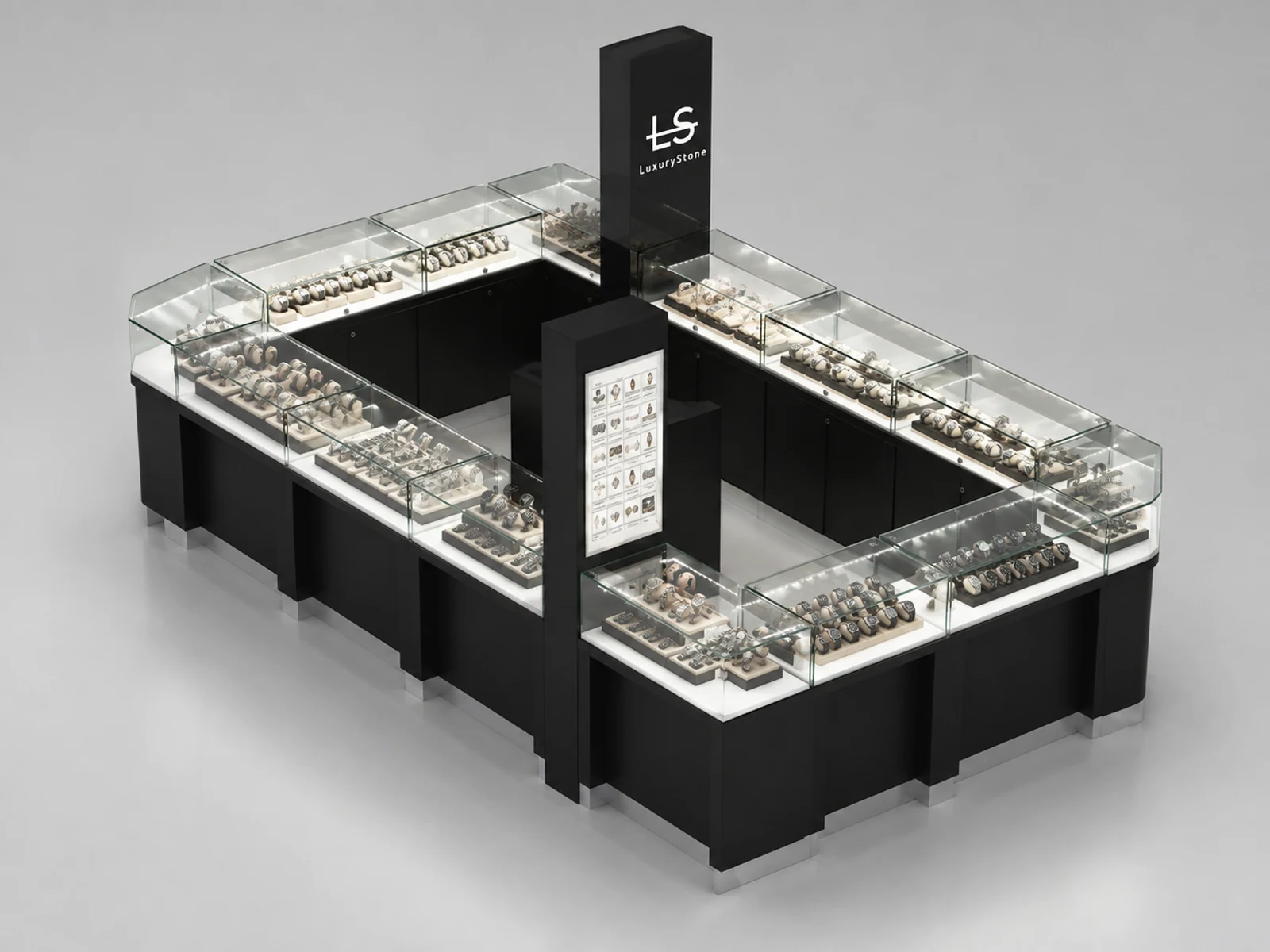 Hot Selling Watch Kiosk & Watch Display Showcase for Glass Showcase in Retail Store staff-side storage and checkout view
