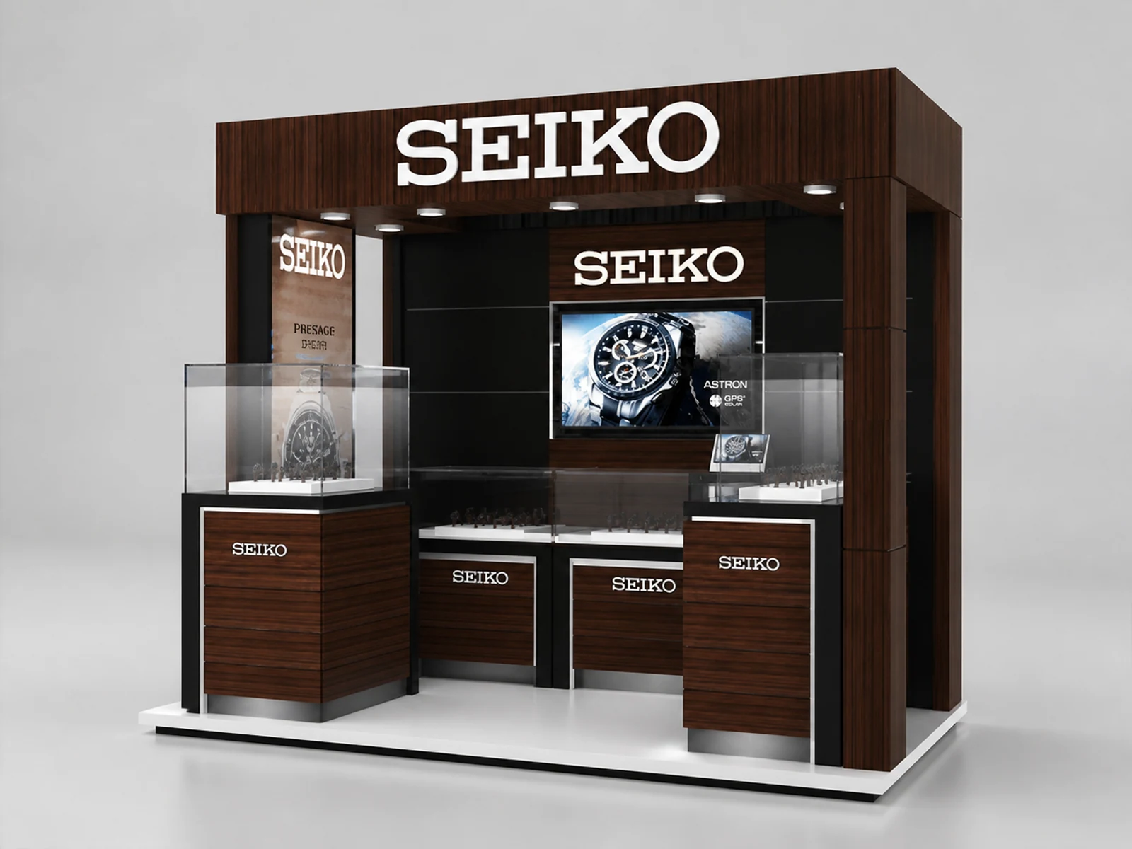 Hot Selling Watch Kiosk & Watch Display Showcase in Mall for Sale opposite angle and kiosk depth