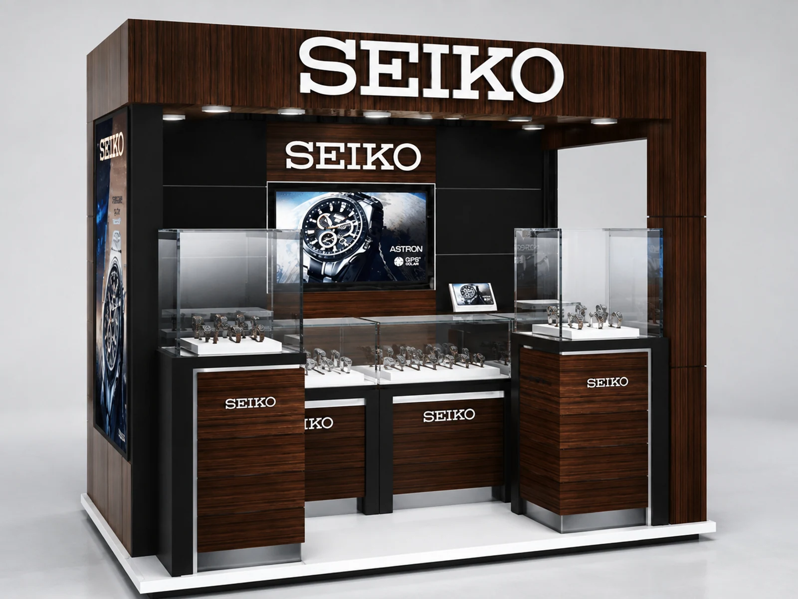 Hot Selling Watch Kiosk & Watch Display Showcase in Mall for Sale illuminated glass watch showcase detail