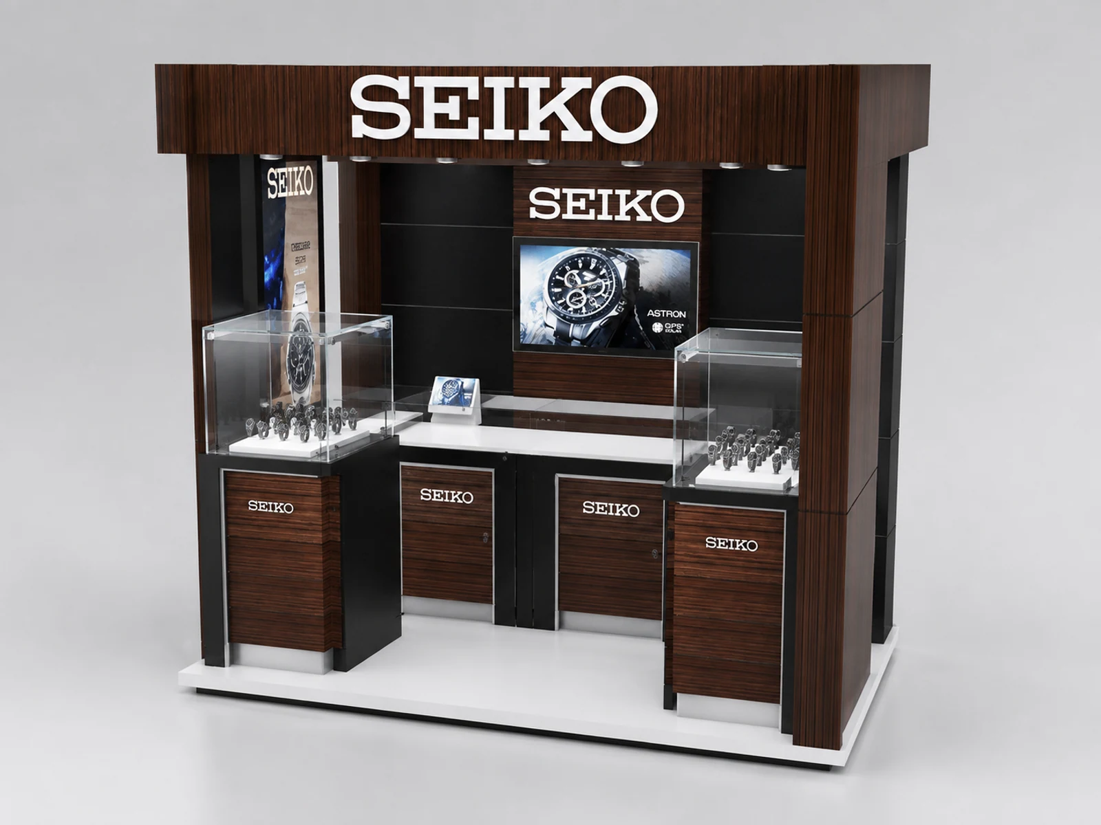 Hot Selling Watch Kiosk & Watch Display Showcase in Mall for Sale staff-side storage and checkout view