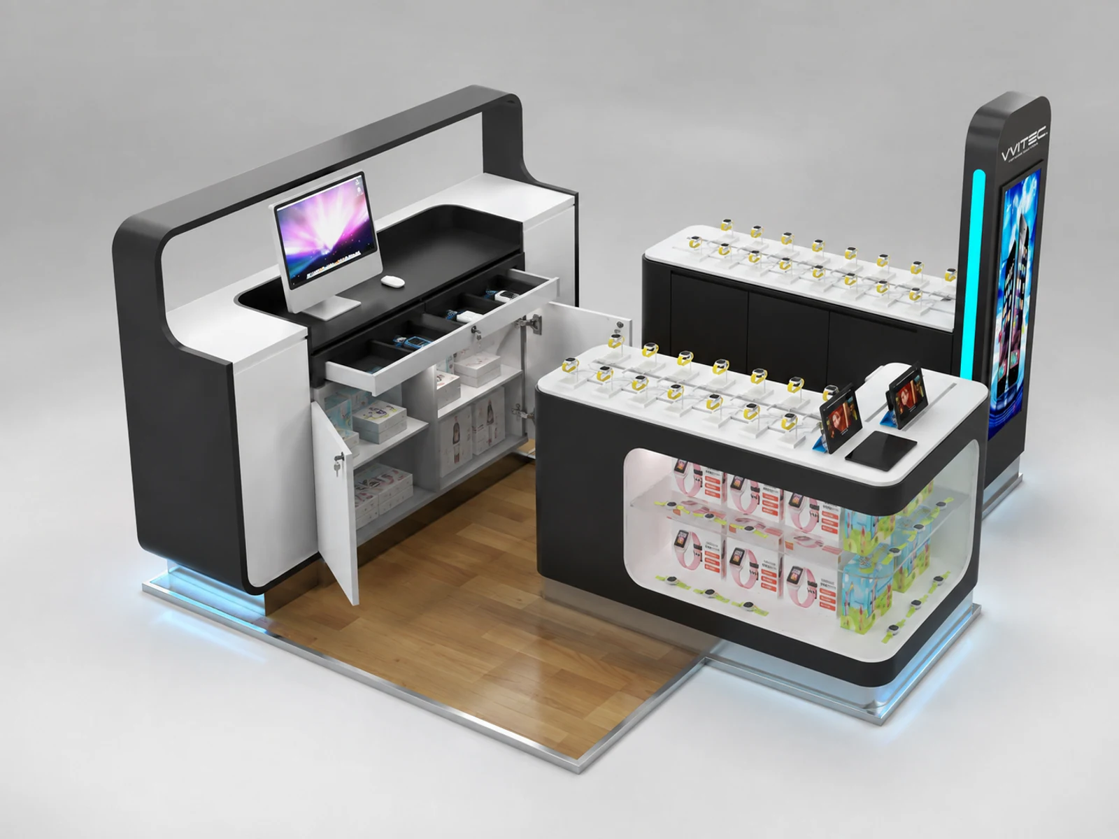 Kids Smart Watch Counter Retail Watch Showcase Inside Mall Center opposite angle and kiosk depth