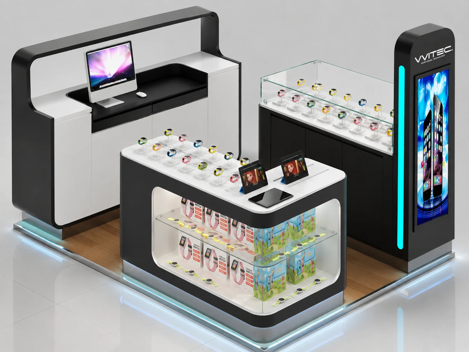 Kids Smart Watch Counter Retail Watch Showcase Inside Mall Center illuminated glass watch showcase detail