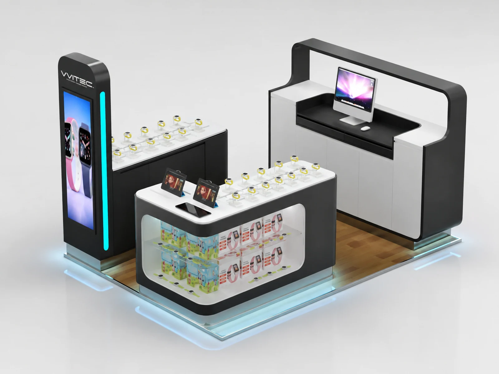 Kids Smart Watch Counter Retail Watch Showcase Inside Mall Center staff-side storage and checkout view