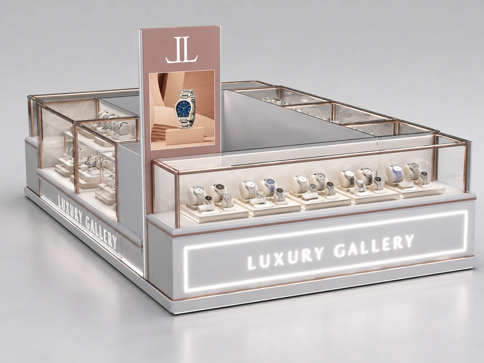 Luxury Watch Display Showcase Custom Watch Jewelry Kiosk Mall 3D opposite angle and kiosk depth