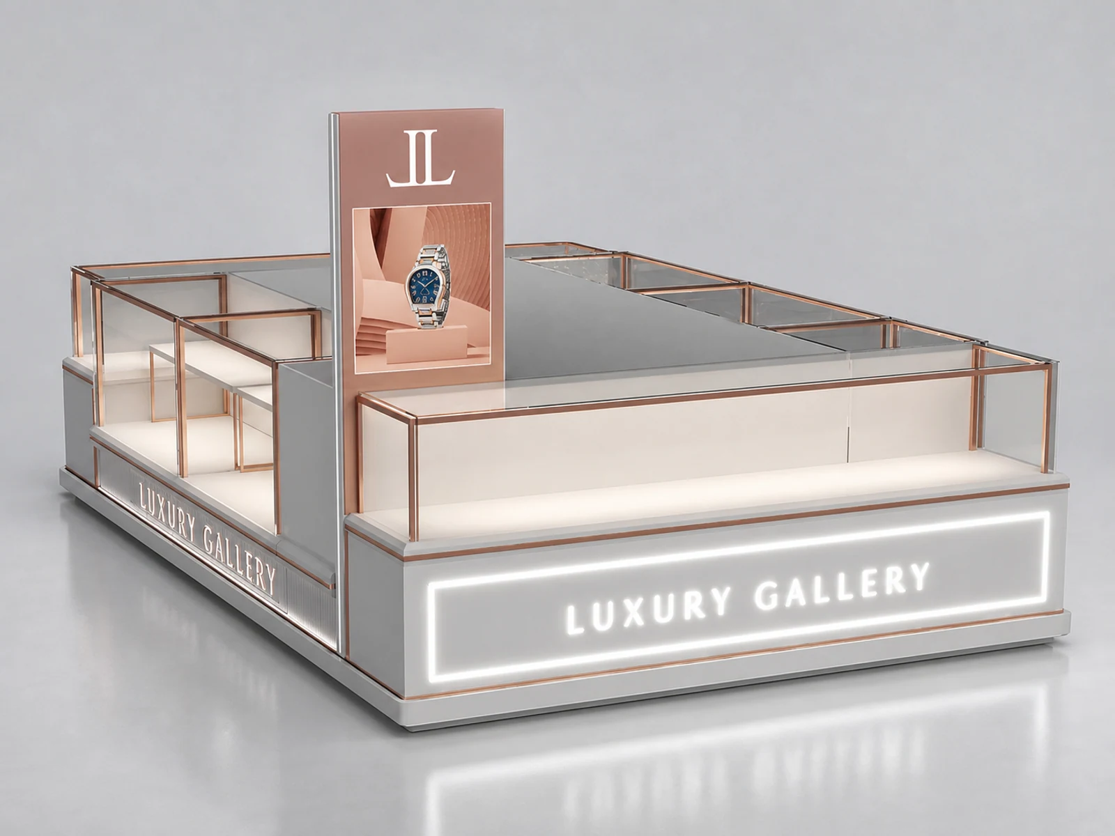 Luxury Watch Display Showcase Custom Watch Jewelry Kiosk Mall 3D illuminated glass watch showcase detail