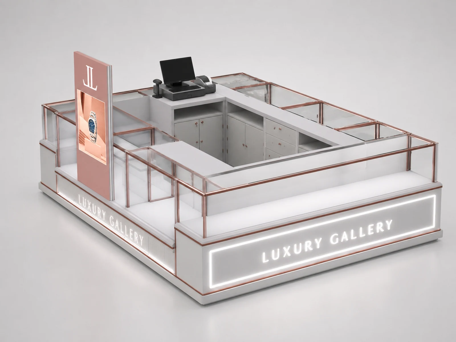 Luxury Watch Display Showcase Custom Watch Jewelry Kiosk Mall 3D staff-side storage and checkout view